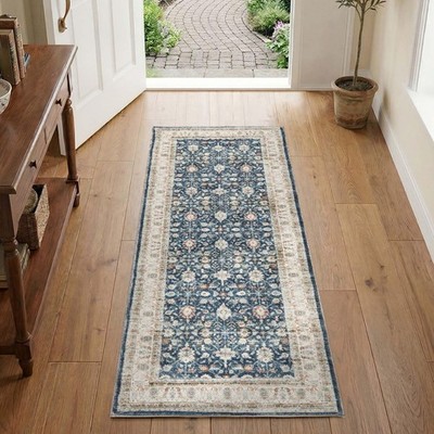 2x5 Vintage Floral Runner Rug, Washable Non Slip, Blue Beige