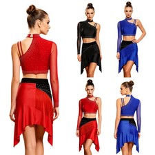 Women Latin Dance Show Dancewear Rumba Crop Top And Skirts Asymmetrical Costume