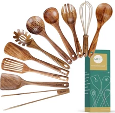 10 Pack Wooden Utensils for Cooking, Wood Utensil Set for Kitchen, Teak Wooden S