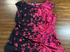 Chaps Sleeveless Dress with Side Cinch Black with Pink Flowers Women's XL