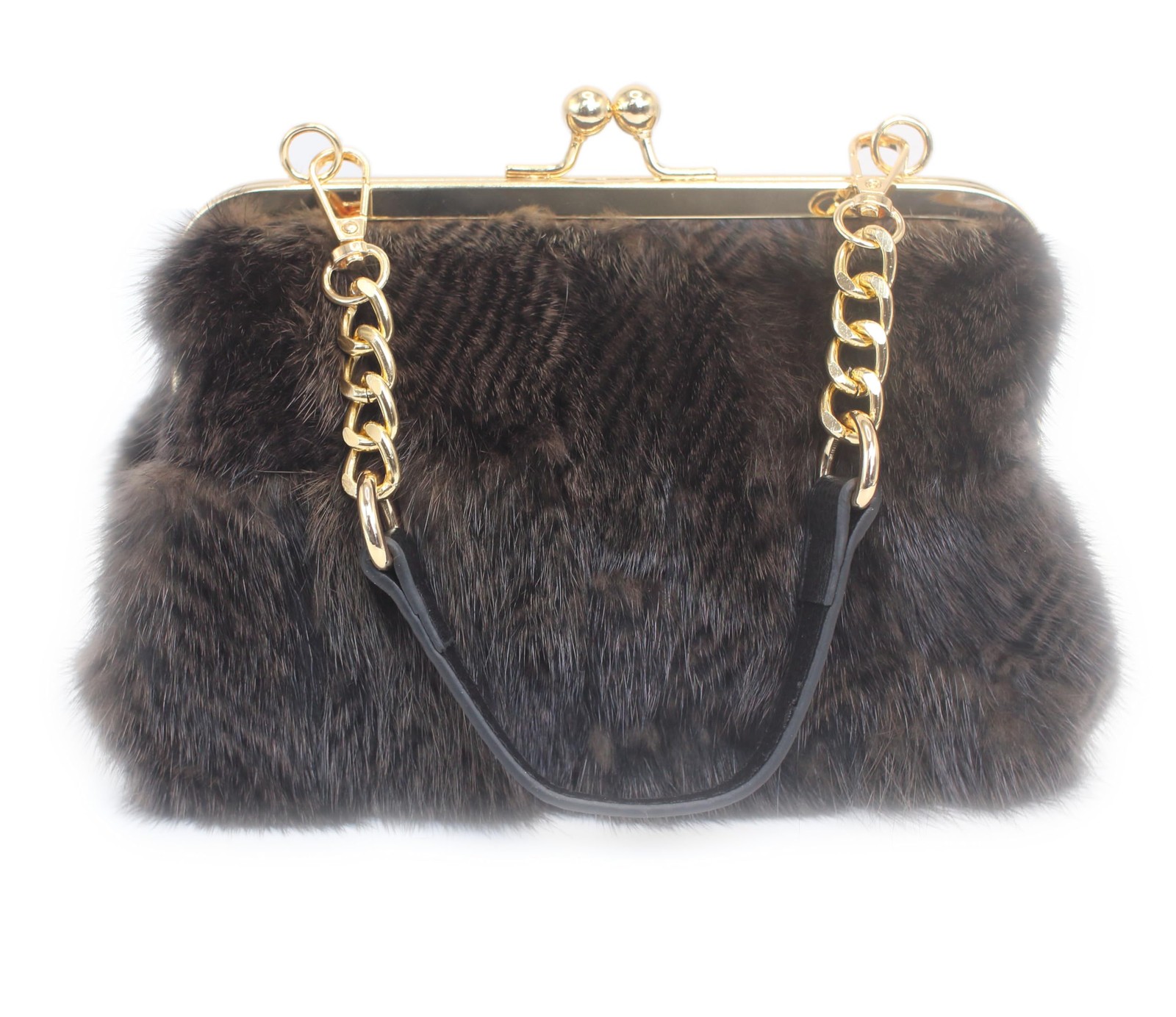 Luxury Genuine Mink Fur Handbag - Small Kiss Lock Frame Purse with Gold Chain...