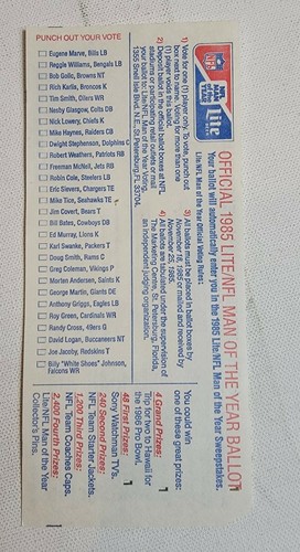 Vintage Official 1985 Miller Lite NFL Man of the Year Ballot 1980s Football Vintage