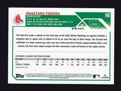 2023 Topps Holiday #H8 MASATAKA YOSHIDA RC Boston Red Sox ROOKIE CARD - Picture 2 of 2
