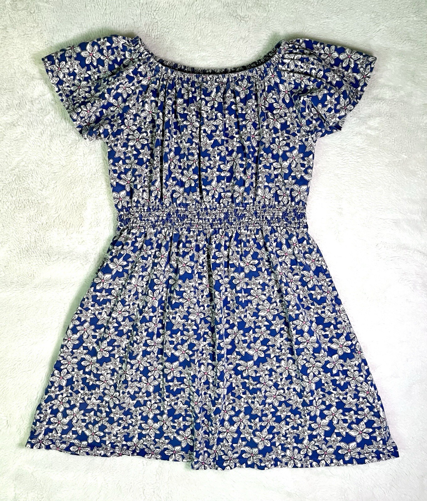 Blue Fit & Flare Dress with White & Pink Flower Pattern, Gap Girls Size Large
