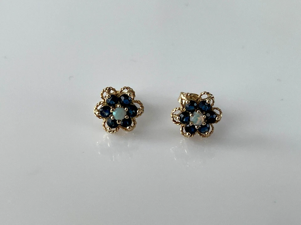 Sapphire & Opal Earrings 9ct Gold Flower Cluster Stud Vintage Earrings - Image 3 of 4