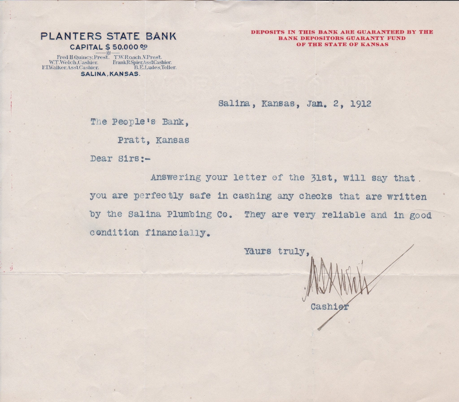 U.S. PLANTERS STATE BANK, Salina,Kan. Headed 1912 Reliable Firm Letter Ref 44519