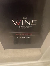 Skull Whiskey 750 ml Decanter Set w 2 Skulls 3 oz Glasses & Mahogany Wooden Base