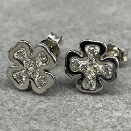 Orecchini donna bambina oro bianco 18kt carati nuovo quadrifoglio con puntiluce. - Immagine 2 di 4