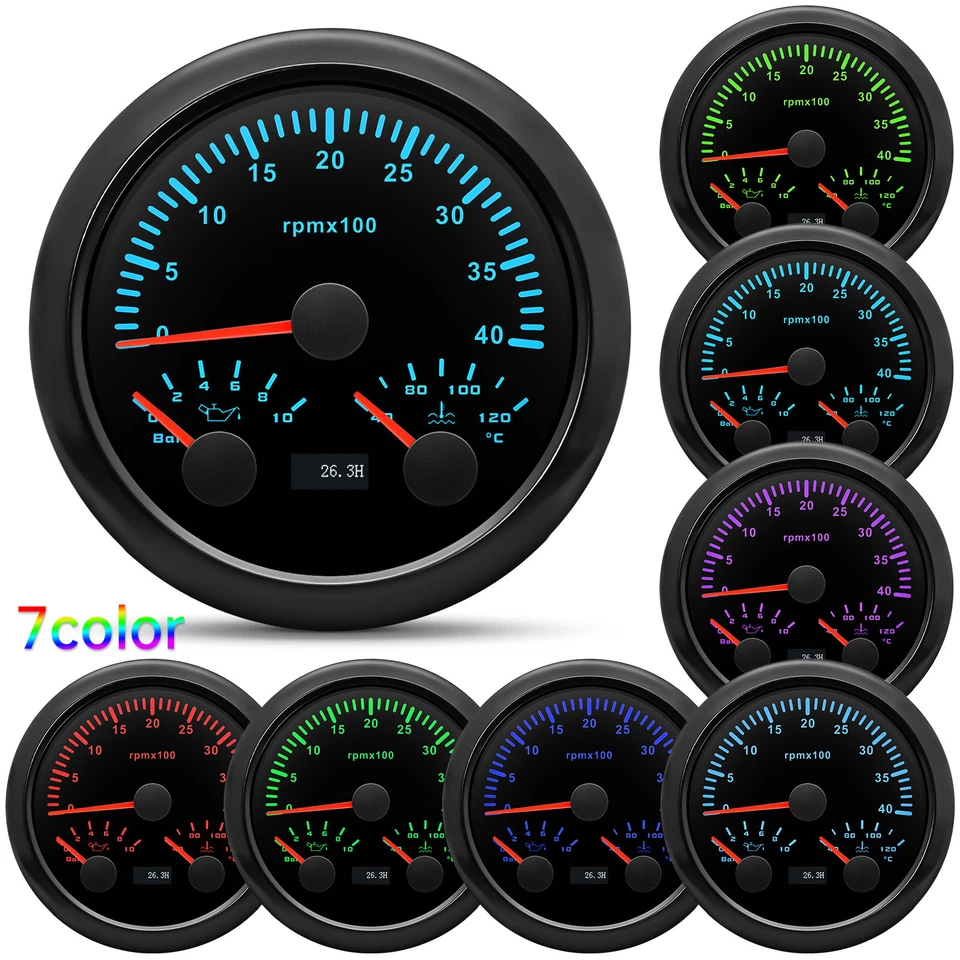 85mm Tachometer 0-4000RPM with Water Temp 40-120℃ Oil Pressure 0-10 Bar for Boat - Image 2 of 4