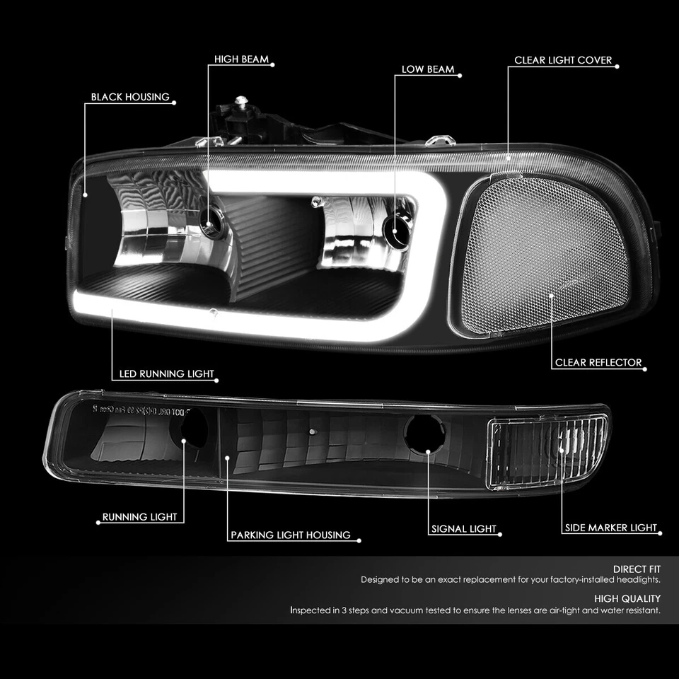 PARA 1999-2007 GMC SIERRA/YUKON PAR FAROS LED DRL + LÁMPARAS PARACHOQUES NEGRO/CLARO Foto 2 de 4