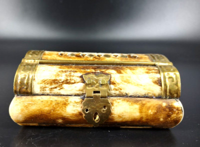 Vintage Trinket Box Camel Bone with Brass Trim Owl Latches & Purple Velvet Lined