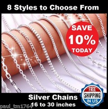 Necklace Chains 925 Sterling Silver - 8 Styles - Figaro, Curb, Box, Snake  More