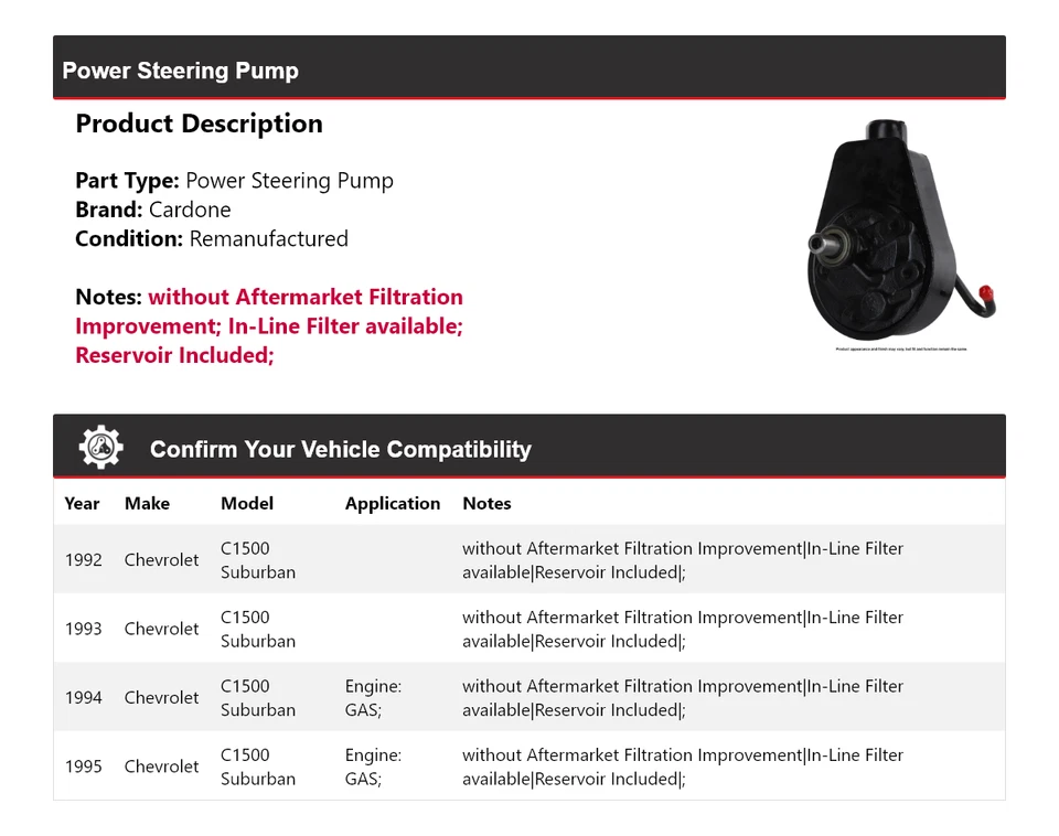 Bomba de dirección asistida Cardone 1993 1994 para Chevrolet C1500 Suburban 1992-1995 Foto 2 de 4