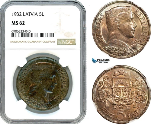AK254, Latvia, 5 Lati 1932, Silver, NGC MS62