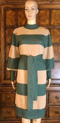 Ann Taylor NWT $150 szL Sweater Dress Striped Turtleneck Beige Green