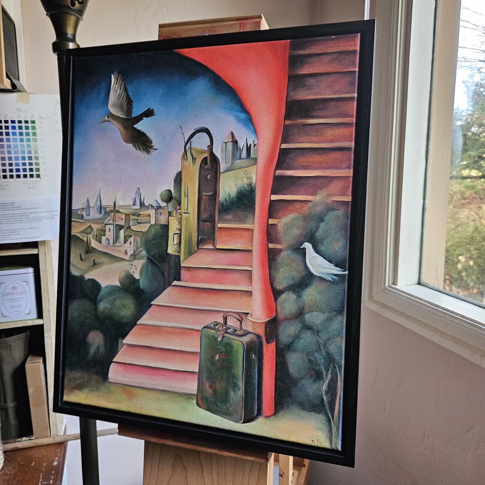 Original Oil on Canvas Surreal Abstract Red Staircase Dove Birds Landscape Art