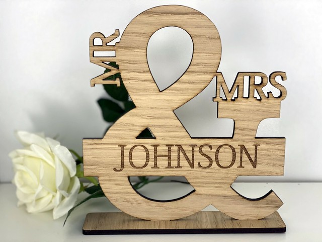 Personalised Mr & Mrs Oak Wooden Top Table Sign Stand Wedding Reception Gift Personalised Mr & Mrs Oak Wooden Top Table Sign Stand Wedding Reception Gift