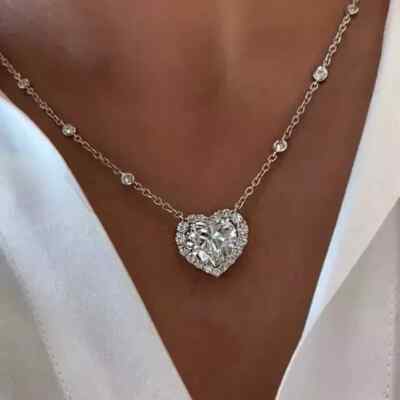 2.00 Ct Heart Cut Moissanite Women's Halo Heart Pendant 14K White Gold Plated.