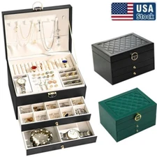 3 Layers Jewelry Box Organizer Earrings Bracelets Rings Watches Storage Case USA