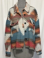 LA MIEL Women S Southwest Aztec Flannel Blanket Jacket Shacket Rust & Turquoise