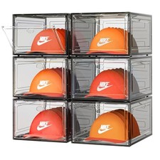6 Pack Hat Organizer Box, Stackable Clear Baseball Caps Holder Box Black