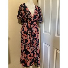 Slate & Willow Floral Wrap Dress Navy Pink Short Sleeve Midi Size M