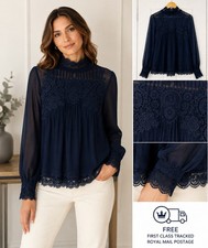 Image of Ted Baker Cailley Navy Lace High Neck Victoriana Blouse TB Sz 2 UK 10 BNWOT