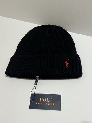 POLO RALPH LAUREN Black Wool-Blend Beanie Pony Cuff rib-knit Hat OS