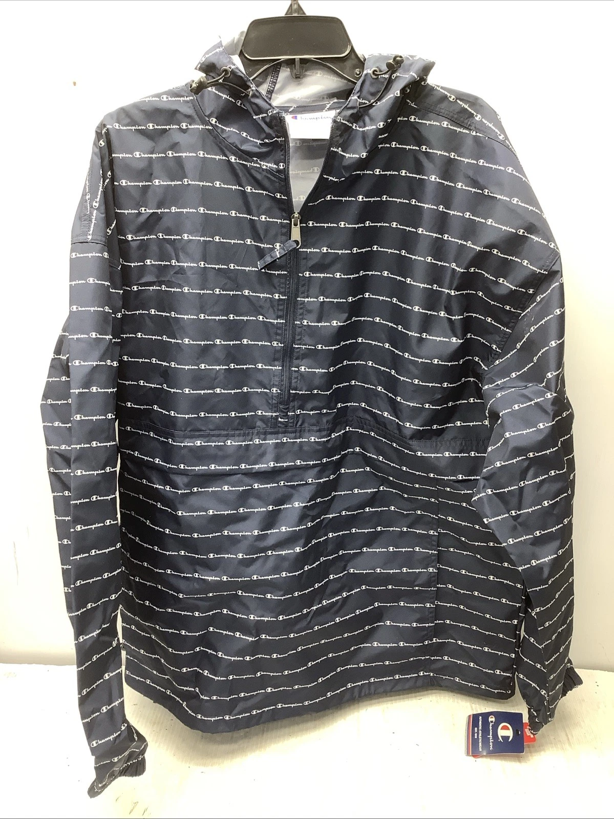 Champion Packable Jacket Men SZ 2XL Stadium Gear All Over Logo Navy Blue NWT