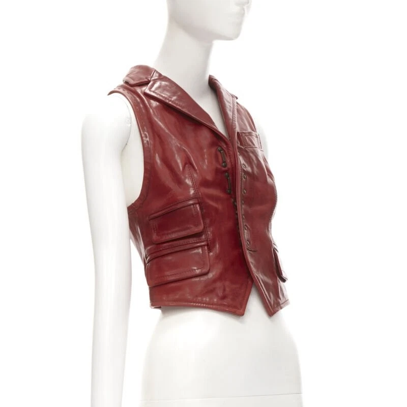 DSQUARED2 Y2K distressed red leather hook bar cropped vest S - Image 4 of 4
