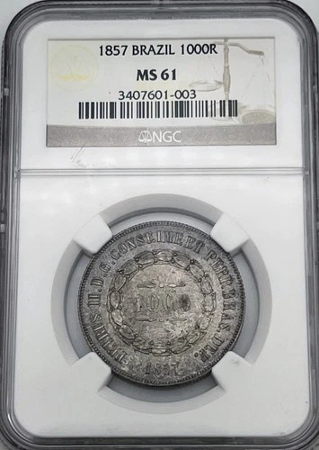 1857 Brazil 1000 Reis NGC MS61 KM#465 Silver .917 Scarce Low Mintage Only 512K