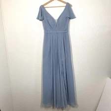 Azazie Dress Womens Custom Dusty Blue Chiffon Bridesmaid Formal Maxi V Neck