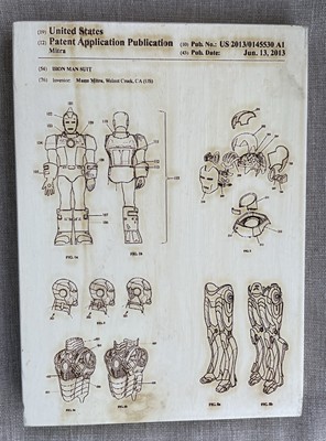 Iron Man Suit Patent Application Publication Laser Etched Wooden Sign Mitra Sign