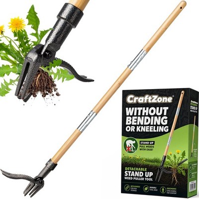 CRAFTZONE Weed Puller Stand Up Tool with Wooden Long 43inch, Wood