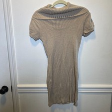 Y2K Red Herring Cowl Neck Sweater Dress Beige Knit Short Sleeve Bodycon