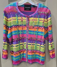 Michael Simon Vintage Colorful Confetti Sequin Knit Cardigan Sweater Size L 2001