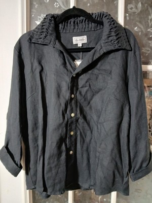TWO WISHES Black LINEN RUFFLE PLACKET JACKET Button Down Top Luxury Large Men700