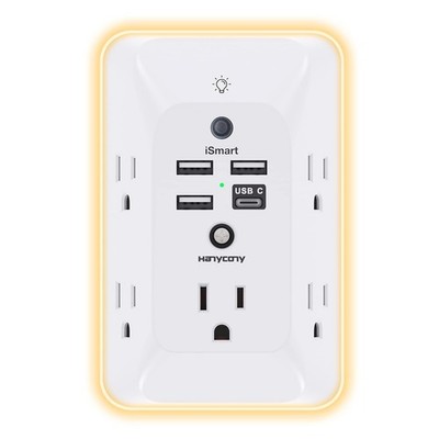 Wall Outlet Extender with Night Light USB C Surge Protector Power Splitter