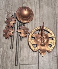 Green Man Sundial & Wind Chime  Wood Spirit Carson Statesmetal  Outdoor Vtg