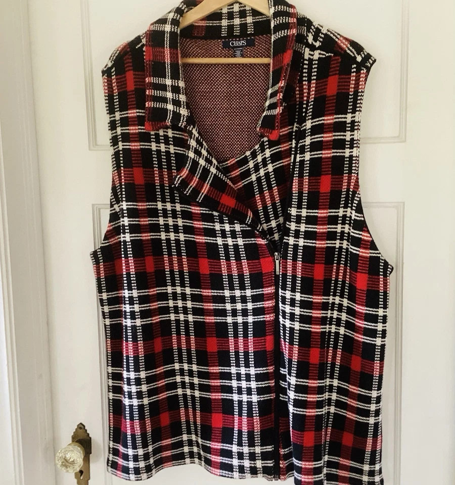 CHAPS Ralph Lauren Rojo Tartán Cuadros Suéter Tejido Algodón Cremallera Chaleco Talla Grande 2X Foto 2 de 4