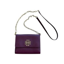 Tory Burch Britten Wallet on Chain Pebbled Leather Crossbody Bag Plum Purple