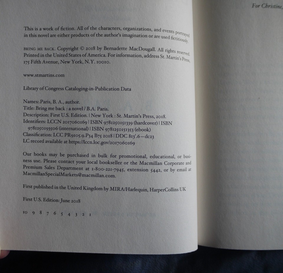 Bring Me Back A Novel by B. A. Paris (2018, Hardcover). 1st ED/1st