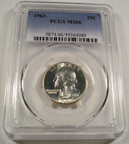 1963 PCGS MS66 WASHINGTON QUARTER VERY WHITE 25c SILVER MS 66