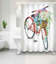 Flowers On Bicycle Basket 3D Shower Curtain Waterproof Fabric Bathrom Decoration