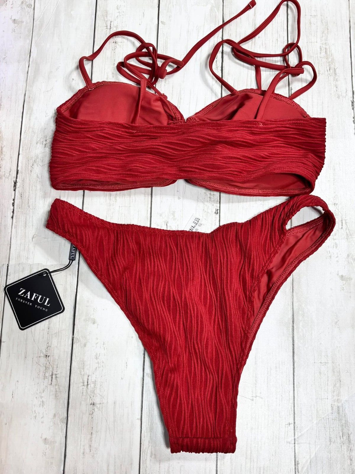 Women's Sexy Tie Spaghetti Strap Bikini Textured O Ring Ruched Size 8 - 10