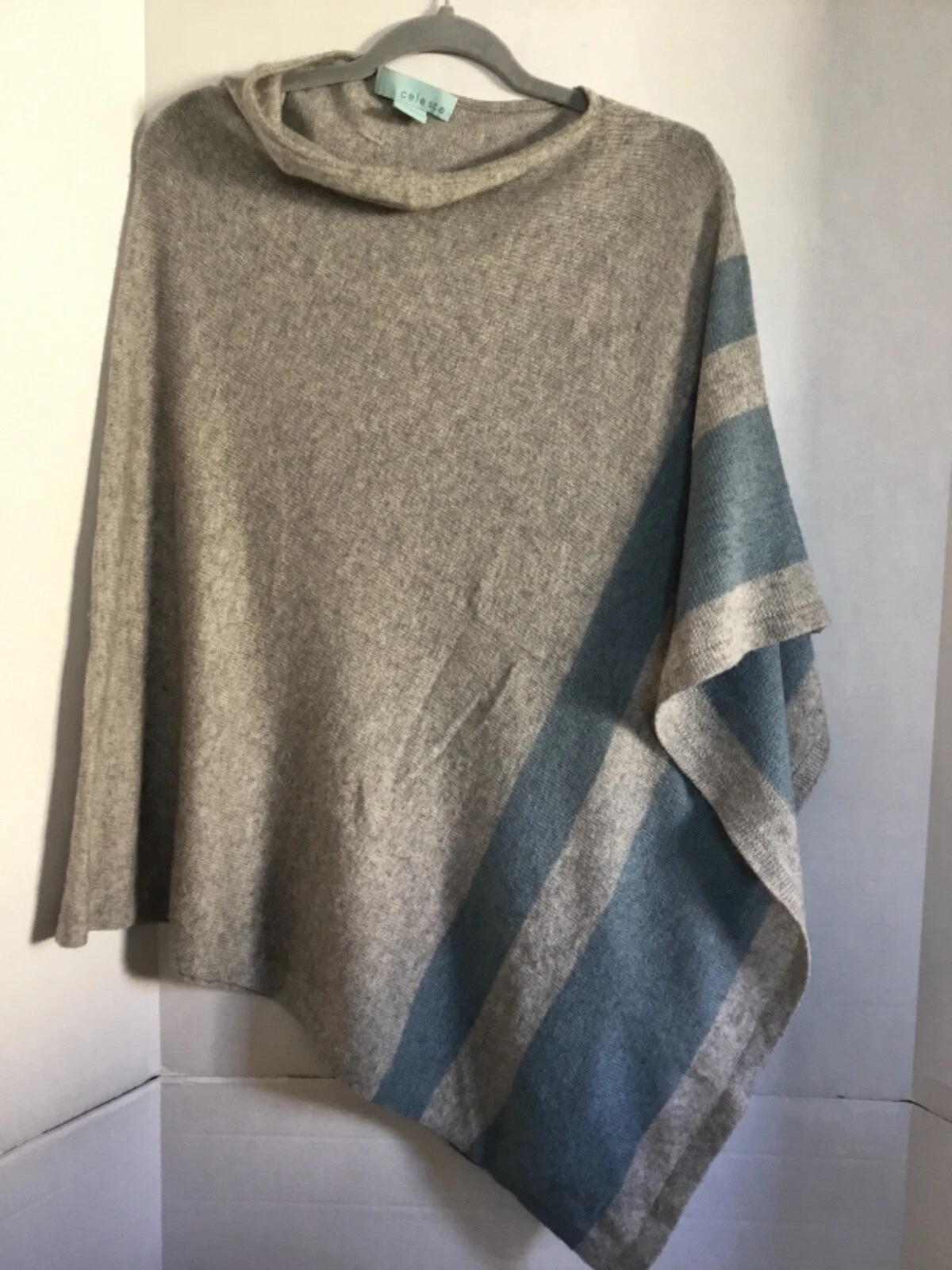 CELESTE Cashmere Blend Poncho Cape Knit Gray Blue Ribbed Edging Lightweight