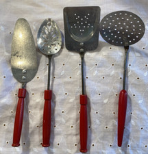 VTG 50s Child Kitchen Red Wood Tools  Spatula, Cake Server  2 Draining Spoons