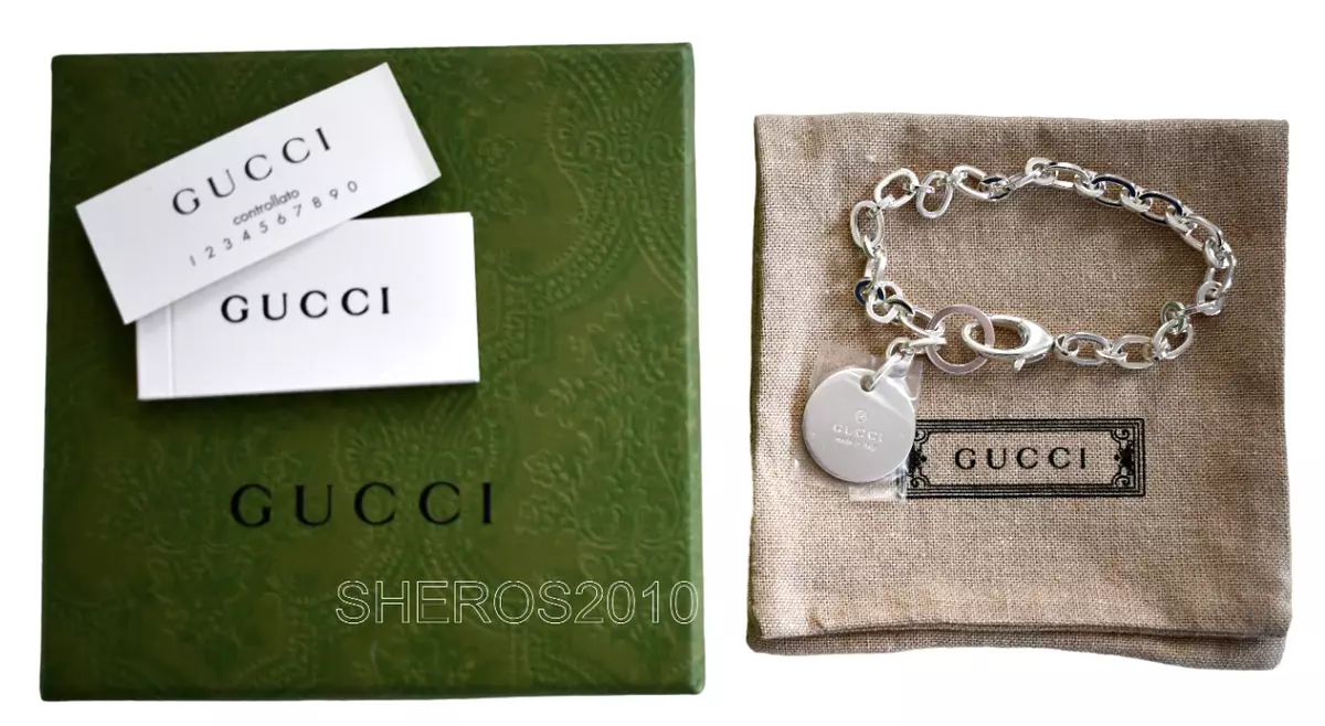 🆕️GUCCI TRADEMARK LOGO .925 STERLING SILVER ROUND TAG CHARM Bracelet IT-19