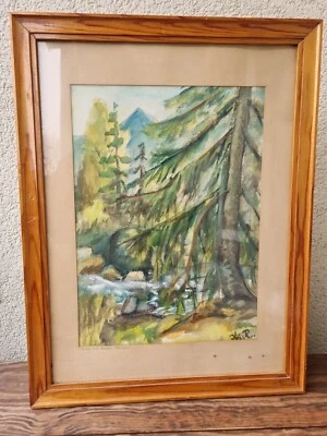 Original nordic art Vintage watercolor Green Forest Landscape 70s - Bild 1 von 4