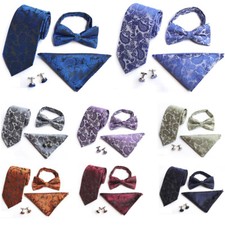 Mens Paisley Floral Bowtie Neck Tie Pocket Square Hanky Cufflinks Wedding Set